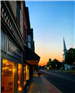 Sunrise looking down East Main Street from Victor Yoga Studio towards Presbyterian Church 