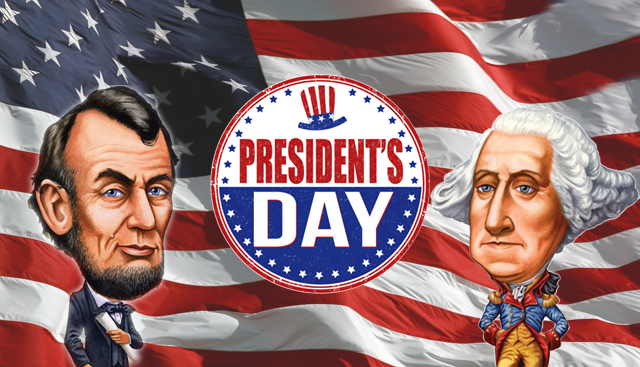 Presidents Day red white blue flag with caricature of washington and lincoln