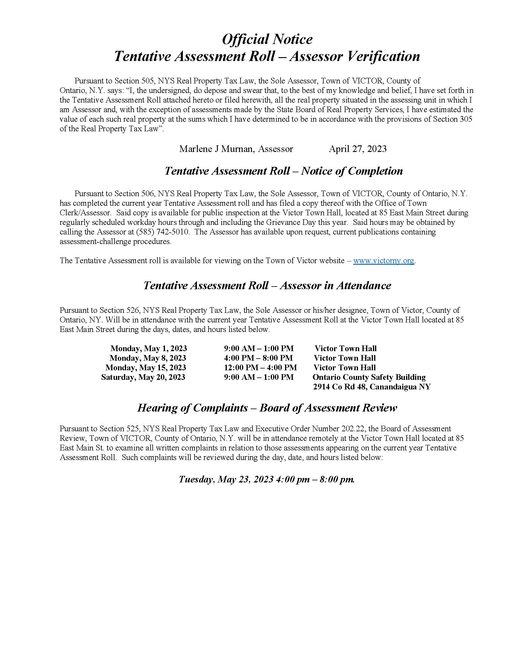 2023 Tentative Roll Official Notice